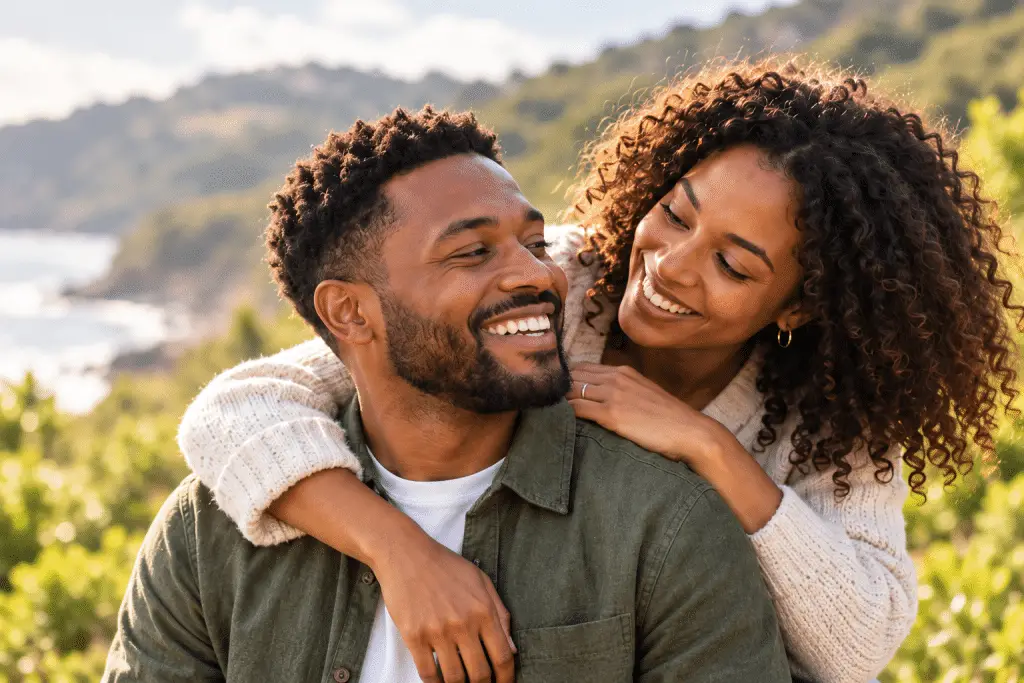 Smiling couple embracing outdoors
